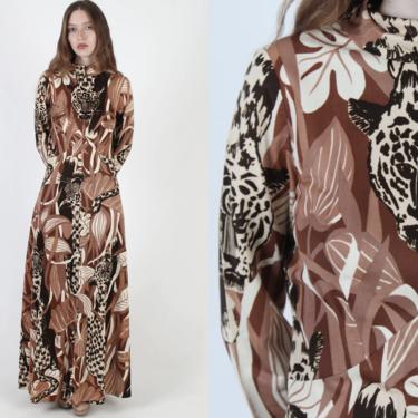 Animal Art Print Dress / Tropical Jungle Zoo Graphic Dress / Vintage 70s Long African Safari Dress / Womens Casual Tiger Face Maxi Dress 