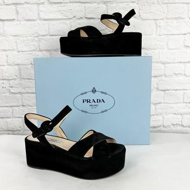 Prada Suede Wedge Platform Sandals, Size 36.5, Black