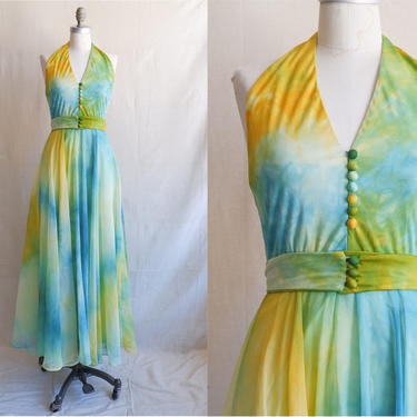 Vintage 70s Tie Dye Halter Dress/ 1970s Backless Maxi Dress/ Size Small 