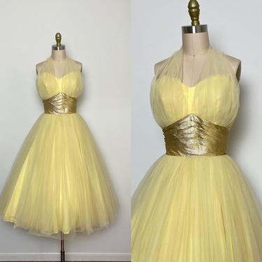 Vintage 1950s Dress 50s Party Prom Holiday Dress Gold Lamé Waist Halter 