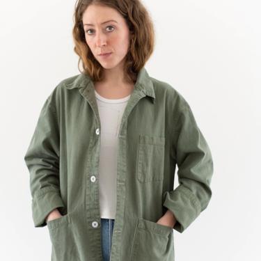 Vintage Faded Green Herringbone Twill Chore Coat | Unisex Cotton Workwear Style Jacket | M | 