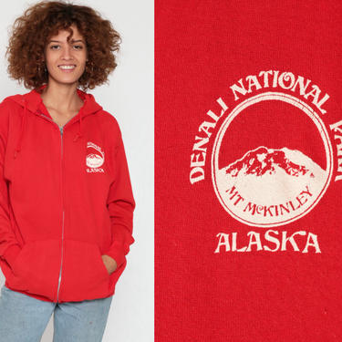 Hoodie Sweatshirt DENALI NATIONAL PARK Alaska Shirt 90s Hooded Sweatshirt Hood Graphic Zip Up Red 80s Sweater Vintage Medium Large 