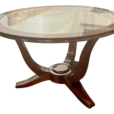 Lelu style Art Deco French Round Wood Coffee Table with Glass Top