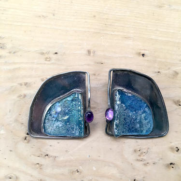 Sterling and Roman Glass clip earrings with amethyst cabuchons - Jackie Cohen designer - 1990s 