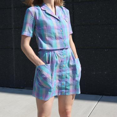 Vintage Two-Piece Dress / Plaid Short Sleeve Cropped Mini / 80's ANN STEVENS Set / Small 