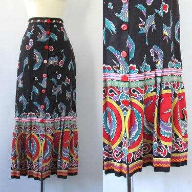 GIORGIO SANT ANGELO 4U2 Vintage 70s Skirt | 1970s Long Skirt with Asian Bird Crane Print, Pleated Maxi | Designer, Gypsy, Boho | Waist 28&amp;quot; 