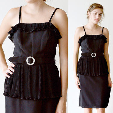 DVF Little Black Dress LBD Diane Von Furstenberg Peplum Ruffles Pleats Belted Vintage 80s XS S extra small / small 