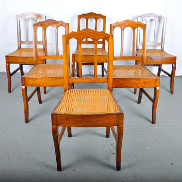 Antique Set of 6 French Country Walnut Dining Chairs W/ Cane Seats 