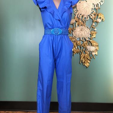 1980s jumpsuit, blue cotton blend, vintage jumpsuit, size small, ruffled collar, cigarette pants, 1970s jumpsuit, pockets, petite, pantsuit 