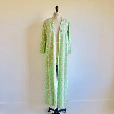 Vintage 1960's Mod Mint Green Silk Organza Long Robe Dressing Gown House Coat Embroidered Flowers Spring Leisure Wear I Magnin Medium 