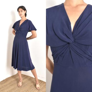 Vintage 1940s Dress / 40s Rayon Crepe Caped Dress / Navy Blue ( medium M ) 