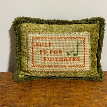 Vintage Kitschy “Golf is for Swingers” Velvet Accent Pillow with Needlepoint Details 