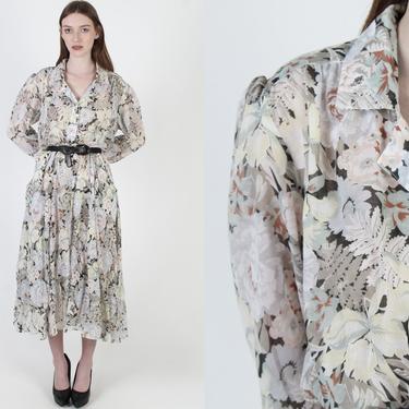 Muted Garden Floral Dress / Vintage 70s Flowers Print Full Skirt / Button Down Bodice With Hip Pockets Midi Maxi Dress 