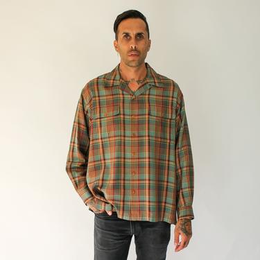 Vintage 90s Polo Ralph Lauren Rayon Green Plaid Print Shirt | 1950s Rayon Classic Fit | Size Large | 1990s Polo Designer Long Sleeve Shirt 