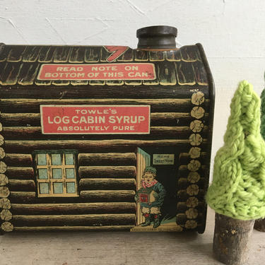 Antique Towle's Log Cabin Syrup Tin, 1914 Tin Log Cabin Container, Rustic Cabin, Farmhouse Kitchen Decor 