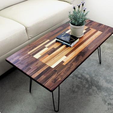 5 Panel Walnut & Mixed Wood Coffee Table - Modern Furniture Mid Century Eames Style Hairpin Legs Recaimed Hardwood Design 