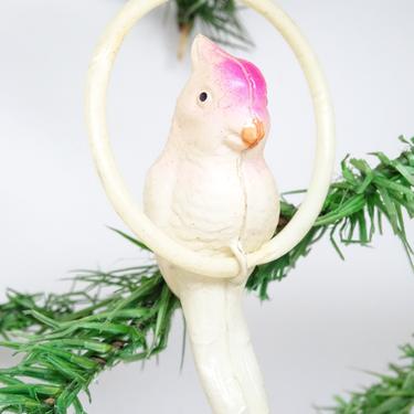Antique 1940's Celluloid Bird Christmas Tree Ornament, Vintage Toy Parrot on Swing 