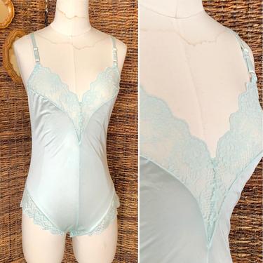 Lacy Blue Teddy, One Piece Lingerie, Camisole All In One, Plunging Sweetheart, Sheer Illusion Lace, Nylon, Vintage 70s 80s 