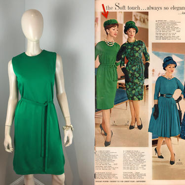 Nancy Green Wanted Comfort Wear - Vintage 1960s Kelly Grass Green Polyester Sleeveless Shift Tie Dress -M/L 