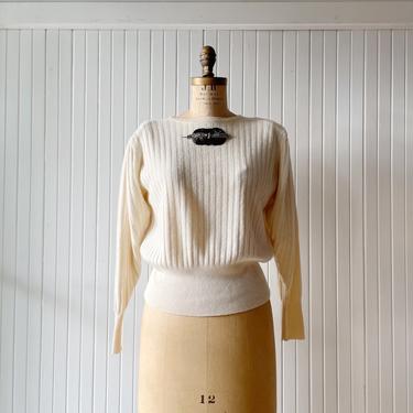Vintage Cream Ribbed Wool Blend Balloon Sleeve Sweater M