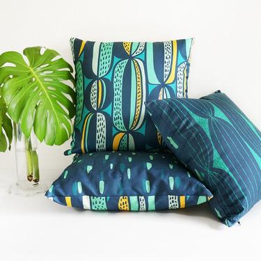 Mid-century modern throw pillow in navy, teal & mint • original cactus-inspired textile 