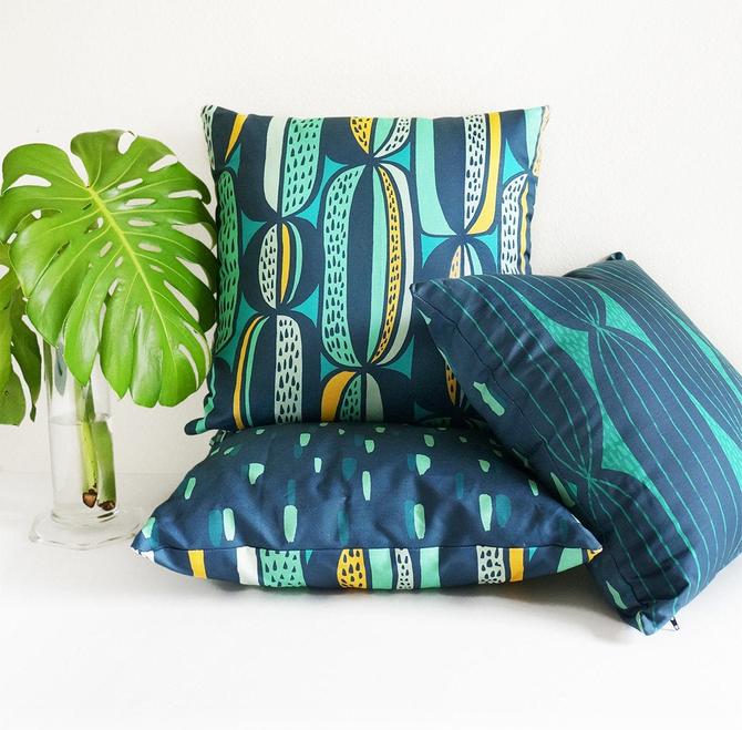 Mid-century modern throw pillow in navy, teal &amp; mint • original cactus-inspired textile 