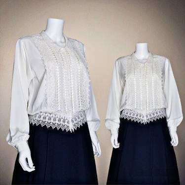Vintage Embroidered Lace Blouse, Medium / Ornate Ivory Button Blouse / Victorian Style Poet Blouse / Pointy Collar Blouson Renaissance Shirt 