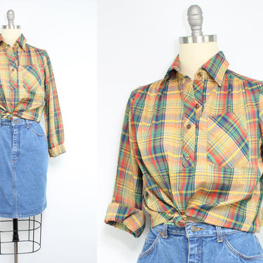 SALE Vintage 70's 80's Golden Yellow Fall Plaid Blouse / 1970's Soft Poly Cotton Top / Women's Size Small - Medium by Ru