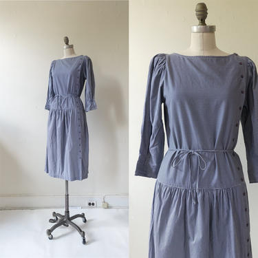 Vintage 80s Striped Drop Waist Cotton Dress/ 1980s Blue White Puff Sleeve Romantic Dress/ Size Small Medium 
