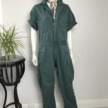 Vtg 70s cotton sage green coveralls mechanic suit jumpsuit MED 