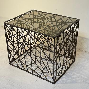 Brutalist Iron & Glasswork Cube Table Mid-Century 