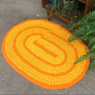 Vintage Accent Rug 1970s Retro Size 35x26 Bohemian + Terrycloth + Orange and Yellow + Homemade + Oval + Hand Woven + Home + Floor Decor 