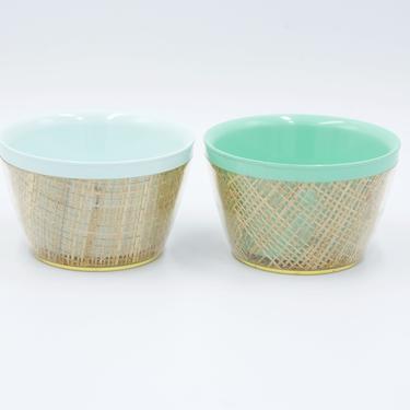 Mid Century Basketweave Plastic Bowls, Raffia Ware Style, Set of 2, Turquoise, Light Blue, Retro Bowl, Camping, Picnic, Plastic Dishes 