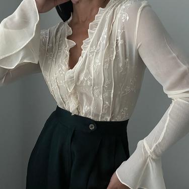vintage embroidered beaded sheer silk button down blouse 