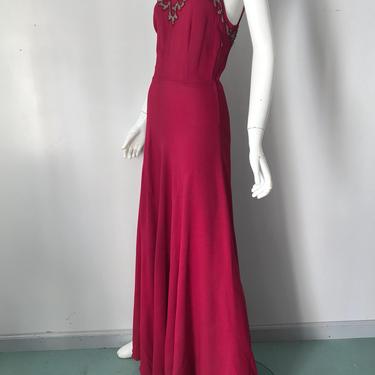 30s BEADED CREPE raspberry bias cut scrappy evening GOWN dress late 1930s vintage 