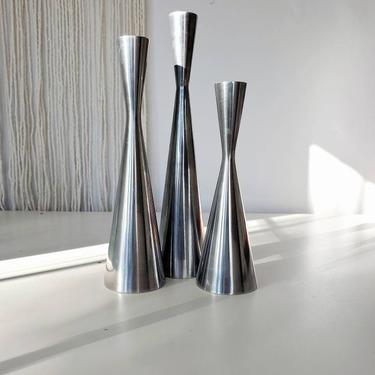 Danish Modern Silver Stainless Candlestick Holder Set 