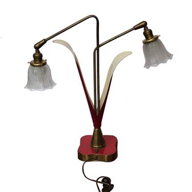 Art Deco two headed brass red table lamp 