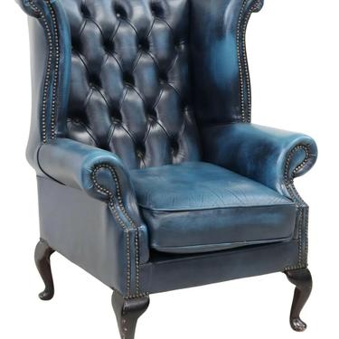 Armchair Wingback, Leather, Blue, Queen Anne Style,English, Button Tufted Chair
