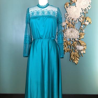 1970s teal dress, vintage 70s dress, sheer lace dress, size large, jcpenney fashions, gunne sax style, 38 40 bust, disco style, 32 waist 