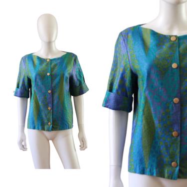 1960s Womens Blouse - 1960s Tiki Shirt - 1960s Cotton Blouse - Mid Century Womens Blouse - Vintage Blue Blouse - Tiki Blouse | Size Small 