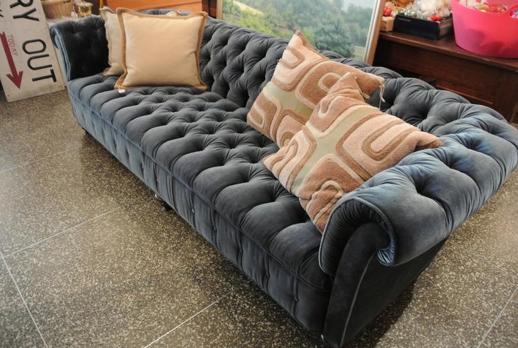 Blue tufted chesterfield sofa, 8 ft.