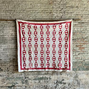 Vintage Red & White Hour Tattered Block Quilt 72x68 