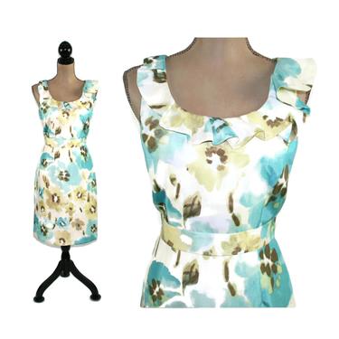 Y2K Pastel Floral Midi Dress Small Size 6, Spring Summer Sleeveless with Fitted Waist &amp; Ruffle Neck, 2000s Clothes for Women 