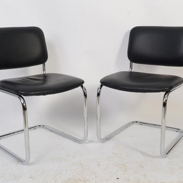2 Black Leather Chrome Chairs Breuer Style Cesna Chair Mid Century Modern 