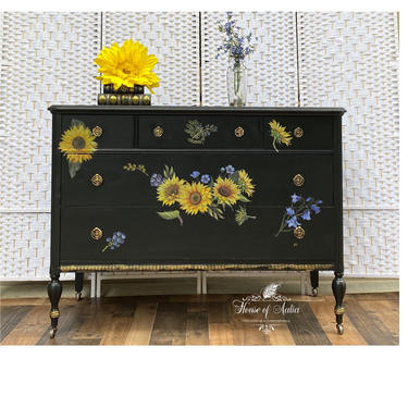 Black Sunflower Vintage French Provincial Sideboard Buffet. Luxury Dresser Upscale Credenza Server Sophisticated Farmhouse Entryway Console 