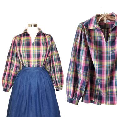 Vintage Madras Plaid Blouse, Medium / Bishop Sleeve Rainbow Plaid Blouse / Multi Color Pinup Blouse / Retro 1950s Style Rockabilly Shirt 