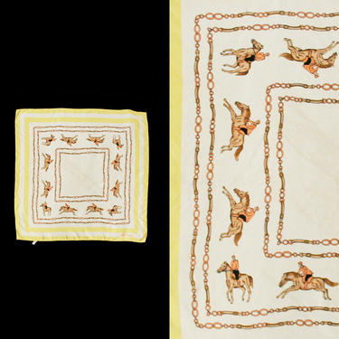 Vintage Paoli Horse Scarf - Novelty Print - Jockey - Belt Chain - Equestrian - Square - Neck Tie  - Riding - Americana - Yellow Brown 