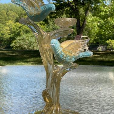 Barbini Murano Venetian Blue Gold Fleck Glass Birds With Nest Sculpture 