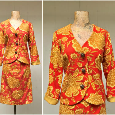 Vintage 1960s Orange Gold Floral Linen Suit, Reversible Jacket and Pencil Skirt Set, Small 