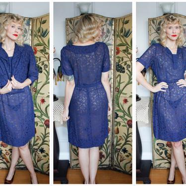 1950s Dress // Sapphire Lace Sheer 2pc Dress Set // vintage 50s dress 